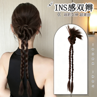 假发辫子女Ins慵懒感鸡毛丸子头双辫酷飒清爽抓夹麻花假发辫马尾