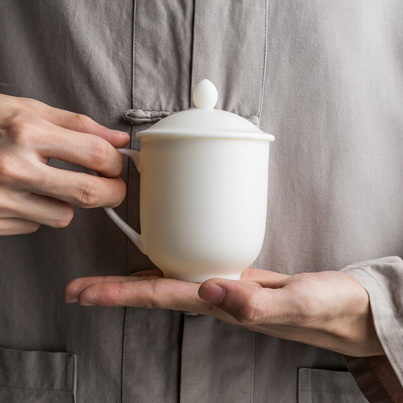 恒越羊脂玉白瓷办公室茶杯陶瓷家用会议泡茶杯个人杯支持定制LOGO