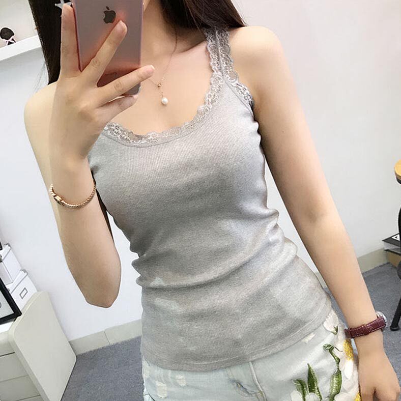2018新款夏季背心吊带甜美蕾丝拼接螺纹背心花边紧身打底衫女无袖