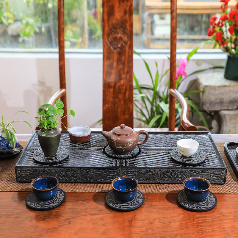 中式汉砖仿石茶盘带杯垫创意功夫茶具干泡台排水套装茶室复古摆件