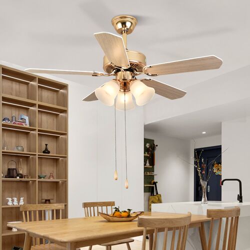 奥宏金色铁叶风扇灯美式餐厅电扇灯工业复古木叶欧式家用客厅吊扇