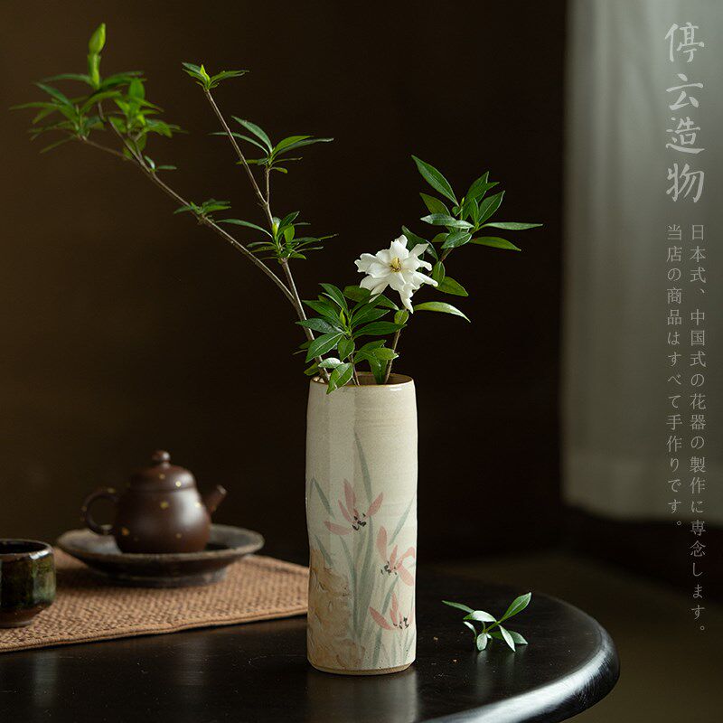 化妆土粉引陶瓷花瓶小号中式复古手绘兰花侘寂粗陶花插花器景德镇