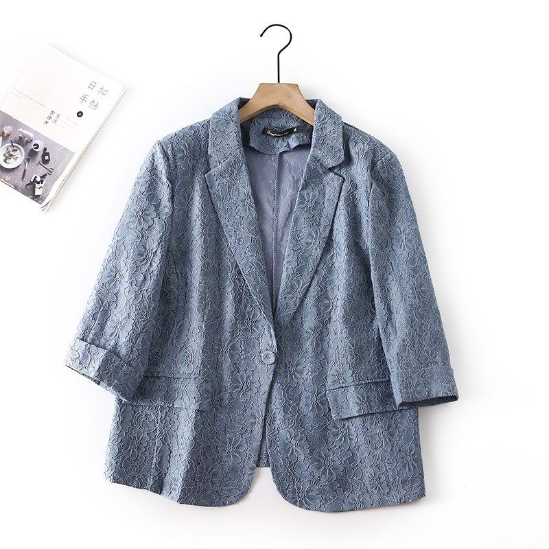 2023年春夏季女士款休闲大码外套胖mm宽松显瘦复古蕾丝七分袖西装