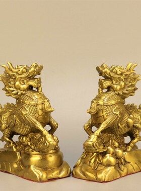 新纯铜招财纳福麒麟一对聚宝盆葫芦飞天祥云麒麟中式家居镇宅摆件