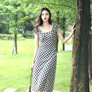 JUJU定制法式复古口袋裙子黑白格子显瘦女装连衣裙女夏季新款2024