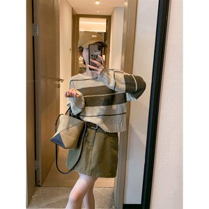 爱情魔鬼鱼 条纹撞色圆领长袖针织衫女2024早秋新款宽松毛衣上衣