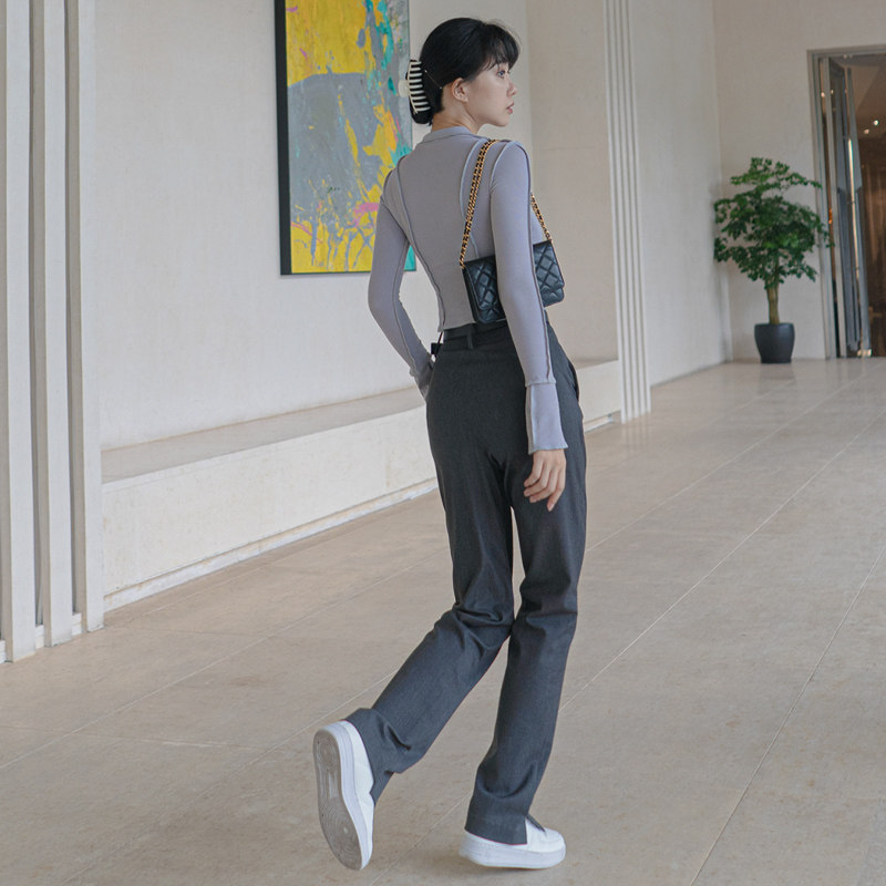 灰色西装裤女春秋2021款TR羊毛高腰直筒显瘦垂坠感修身烟管休闲裤