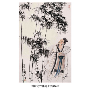 画说刘旦宅竹林抚琴图人物国画卷轴挂画名画复制仿古画字画装饰画