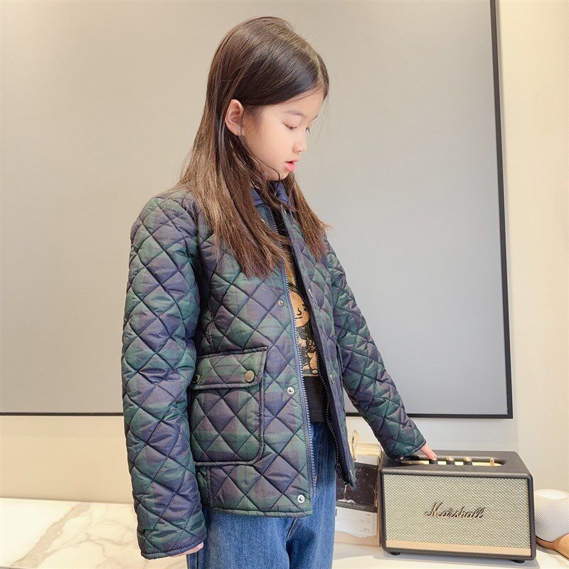 2024春季新款童装儿童绿色格子翻领薄棉服男女童中性夹棉棉衣外套