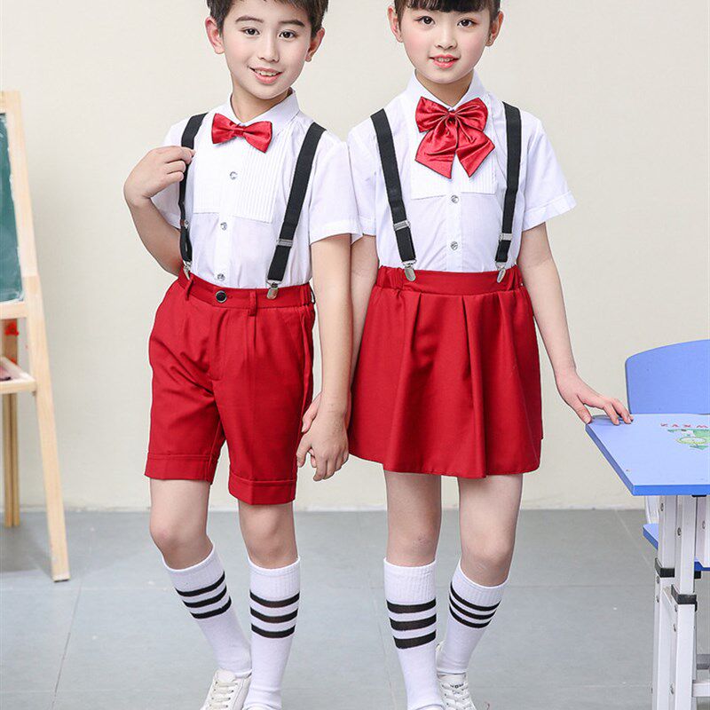 六一儿童背带裤演出服中小学生大合唱团男女衬衫表演短裤裙套装红
