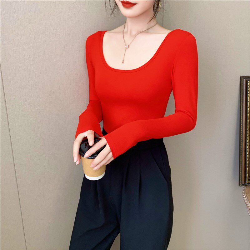 大红色保暖低胸上衣女长袖加绒薄绒打底衫内搭前后双u大领口秋衣