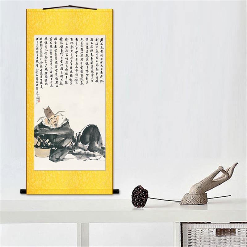 太白醉酒图 李白将进酒书法 酒文化复古装饰画 卷轴画挂画 丝绸画