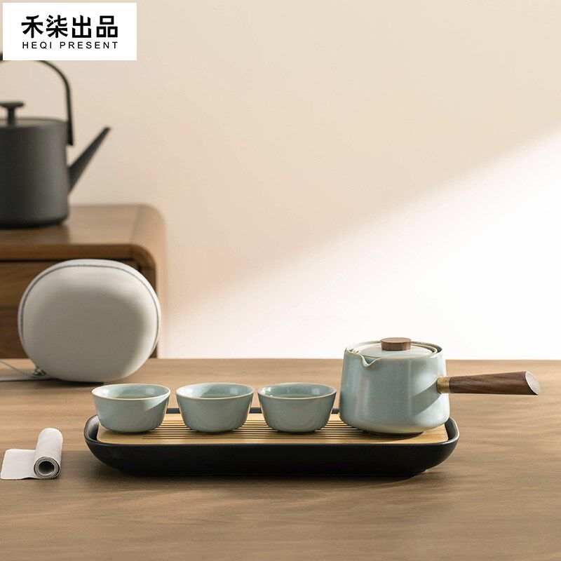 禾柒出品汝窑旋转旅行茶具套装一壶三杯快客杯便携高档懒人泡茶壶