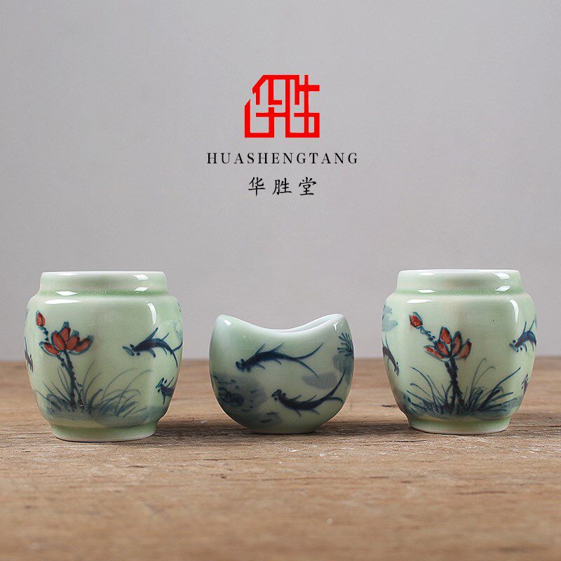 华胜堂 景德镇手绘透青釉戏鱼图平底画眉罐喂食器配件 鸟笼鸟具