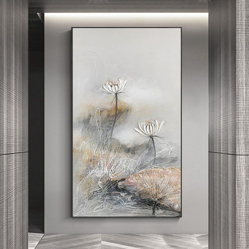 入户玄关装饰画荷花油画竖版走廊尽头新中式挂画客厅写意风景壁画