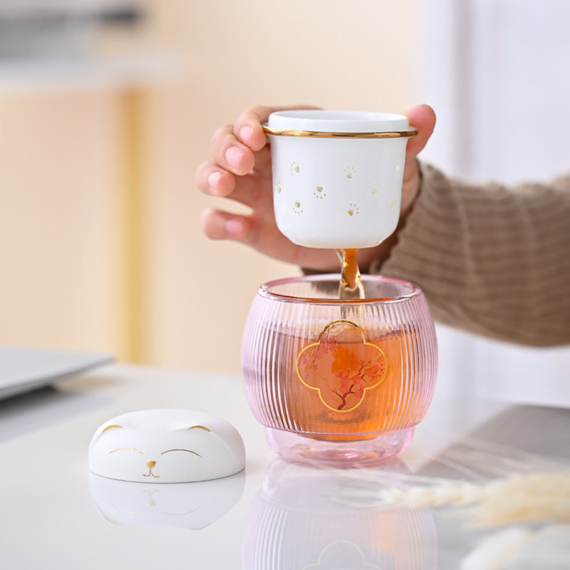 粉色招财猫双层玻璃泡茶杯茶水分离办公室小巧过滤带盖子专用个人