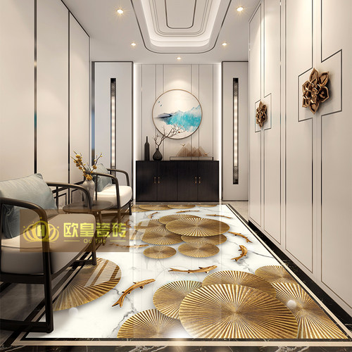 中式走廊拼花地砖800x800客厅地板砖入户玄关过道3D图案造型瓷砖