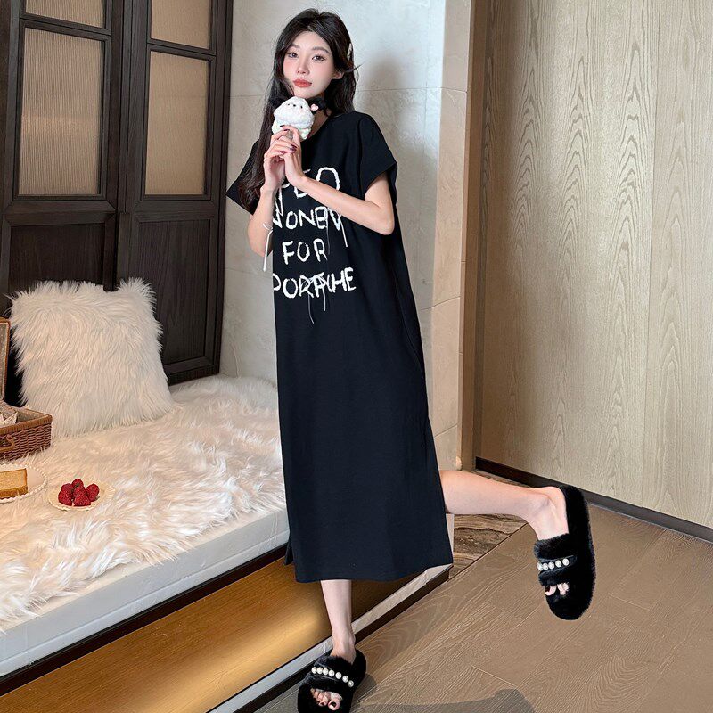 带胸垫睡裙女夏季长款短袖T恤裙莫代尔棉夏天宽松休闲睡衣连衣裙