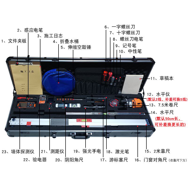 验房工具箱质检长箱装修公司巡检包2米靠尺塞尺角尺空鼓锤套装