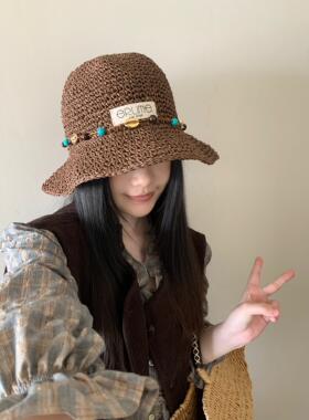 韩版草编大檐草帽女夏季蝴蝶结彩珠文艺慵懒感海边度假遮阳渔夫帽