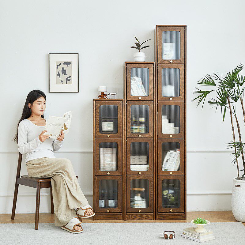 治木工坊实木书柜翻转门小户型夹缝收纳展示柜简约白蜡木收藏柜子