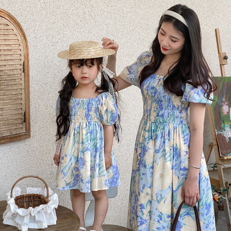 法式亲子装连衣裙一家三口夏季衬衫三亚海边度假母子母女装裙子