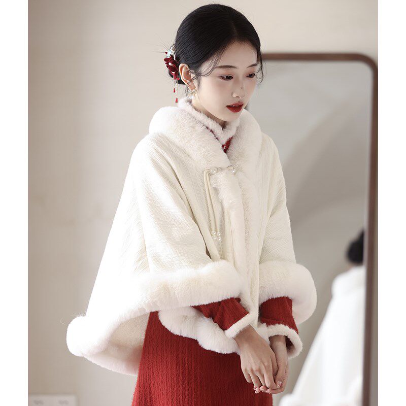 白色婚纱旗袍披肩秋冬季新娘结婚敬酒服加厚加绒外搭斗篷披风外套