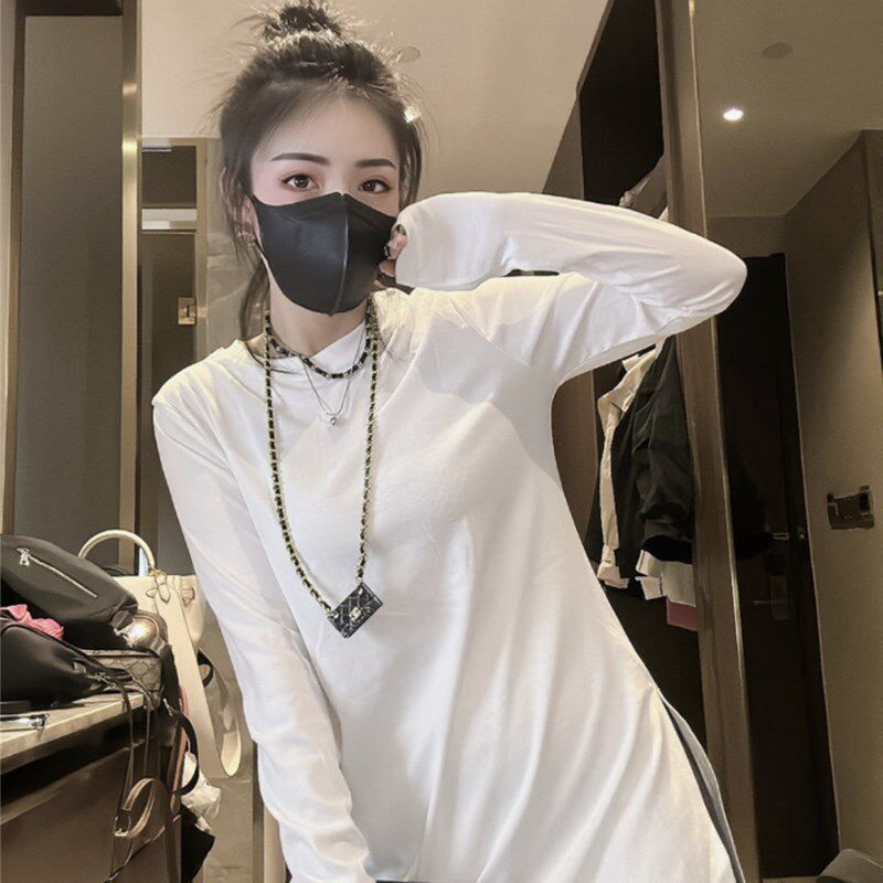 2024新款粉色中长款圆领打底衫侧开叉小衫小众长袖内搭T恤女衫潮