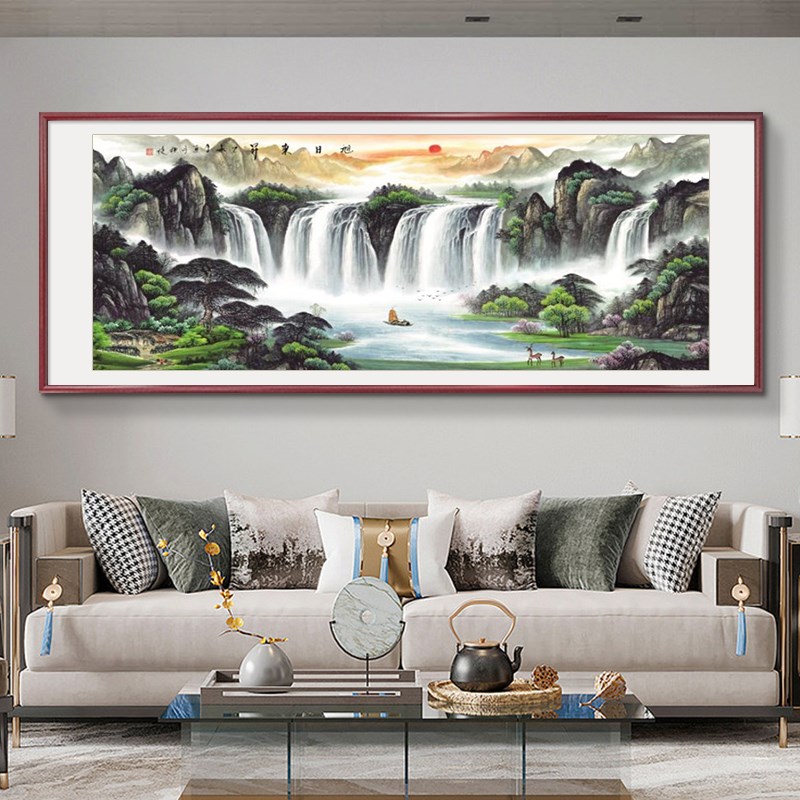 旭日东升客厅挂画山水画靠山国画新中式沙发背景墙装饰画风景壁画