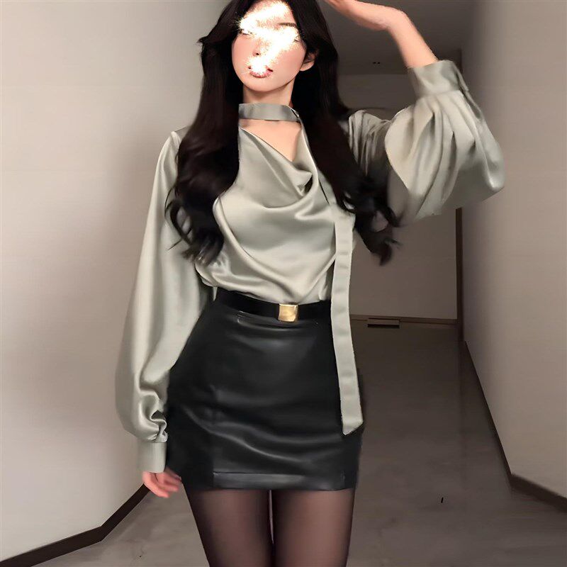 御姐风气质套装裙女高级感长袖衬衫女春季性感包臀半身皮裙两件套