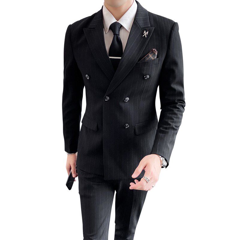 男士双排扣条纹新郎结婚礼服西装套装修身大码英伦正装西服三件套