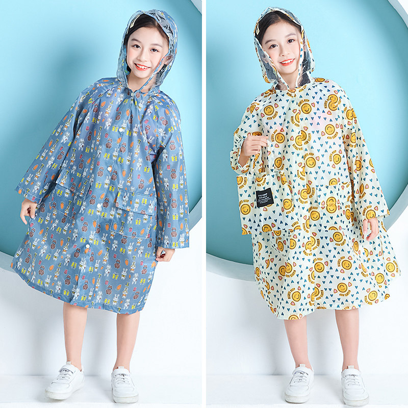 新品时尚儿童风衣式带背包位轻薄雨衣中大童小孩学生户外防水雨披