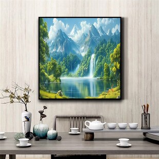 青山绿水装饰画办公室背景墙客厅玄关正方形挂画聚宝盆招财靠山图