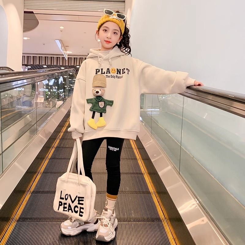 女童加绒卫衣春装2024新款洋气童装秋冬连帽儿童上衣女大童春秋款