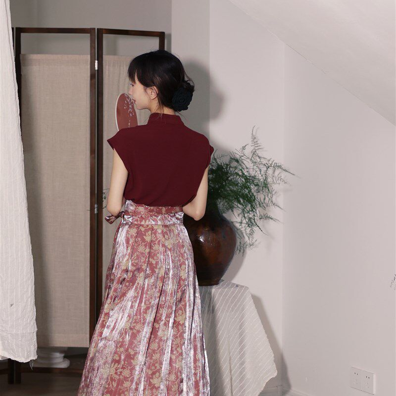 喵吉新中式国风高腰长款百褶碎花半身裙日常改良马面裙套装女夏季