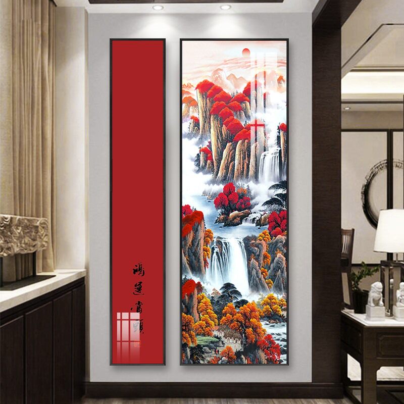 高档中式入户玄关背景墙装饰画两联组合竖版挂画过道走廊软装壁画