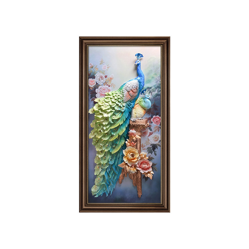 孔雀玄关装饰画正对墙走廊过道挂画手绘油画肌理画客厅壁画2023新