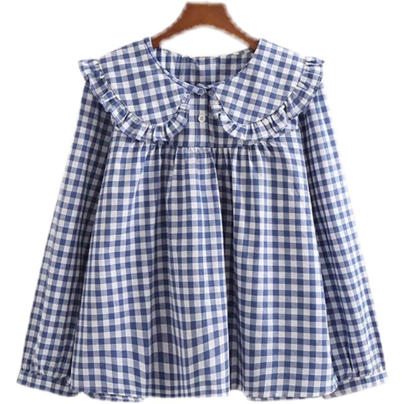 春款胖女童长袖衬衫娃娃领加肥加大中大童格子短袖女孩显瘦娃娃衫