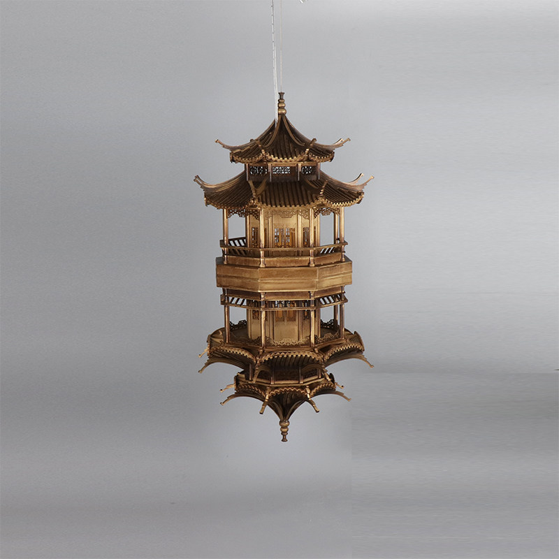 新中式镜像倒影古铜色八角塔凉亭工艺品样板房软装饰品电视柜摆件