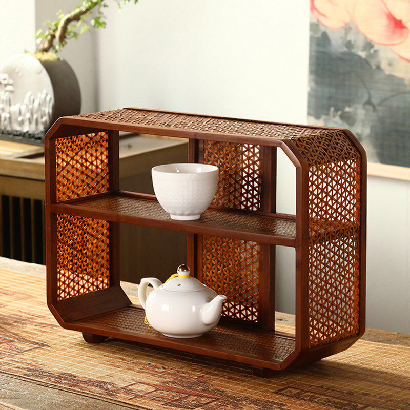 竹编大漆茶棚桌面博古架展示架茶具收纳置物架复古多宝阁茶室摆件
