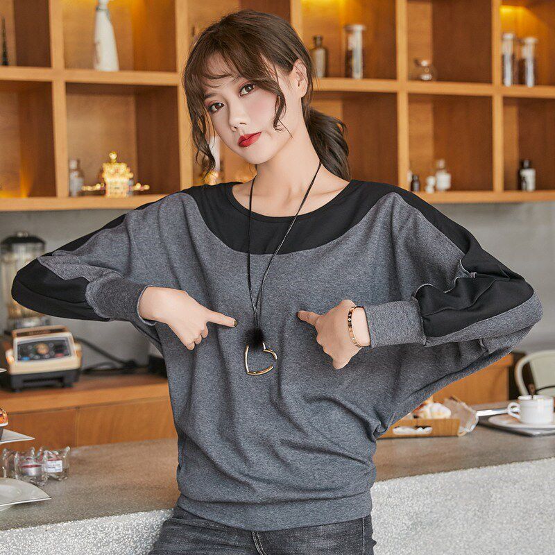 纯棉拼色拼接宽松t恤女款长袖秋装大码胖MM200斤打底衫上衣蝙蝠衫