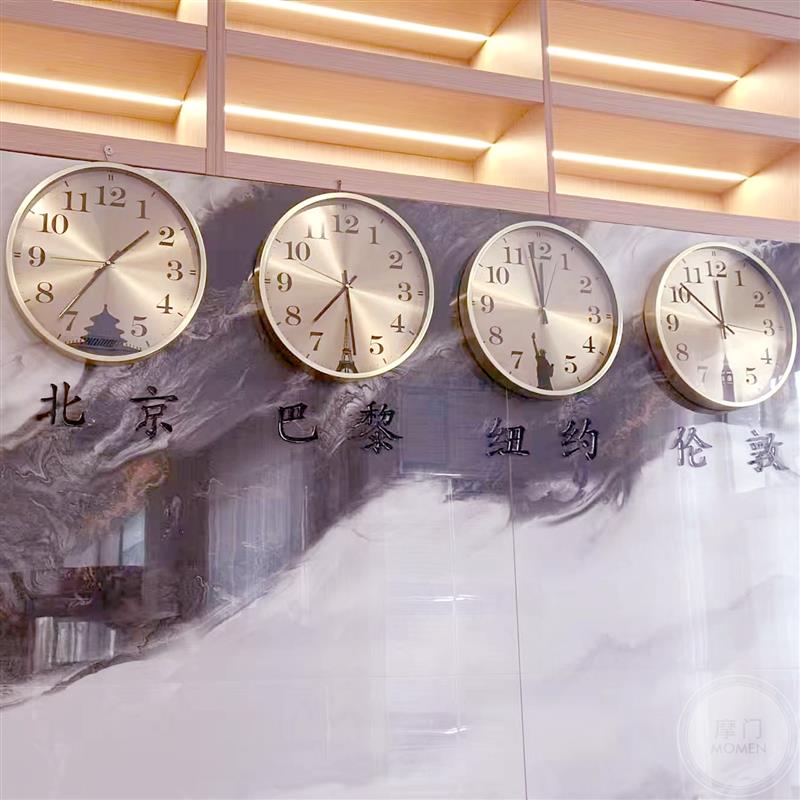 国际时区酒店背景墙宾馆大堂前台金色挂钟世界大厅时钟超大号钟表