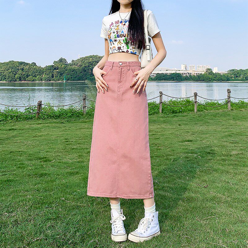 粉色牛仔半身裙女夏季薄款2025新款小个子高腰显瘦后开叉a字裙子