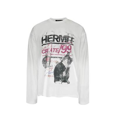HermitCreate24FW做旧喷脏精梳棉印花长袖T恤卡通猫咪Vintage潮流