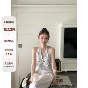 吊带长裙 鱼骨束型挂脖连衣裙女夏裙子v领法式 板栗可可 人间梦露