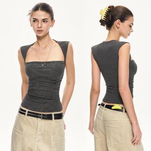 显瘦无袖 性感高级感内搭外穿修身 吊带上衣 美式 KVKV条纹方领背心