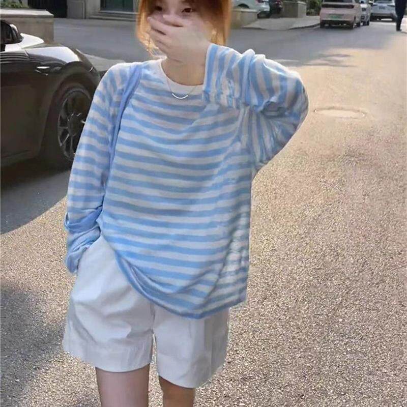 蓝色条纹防晒罩衫女夏薄款韩版气质凉感冰丝长袖T恤宽松外搭上衣