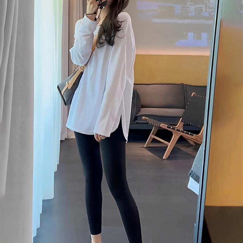 中长款纯棉圆领长袖T恤女夏季薄款宽松遮屁股上衣白色开叉打底衫