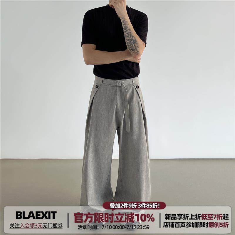 BLAEXIT覆古老钱风A字打褶亚麻西裤男款直筒休闲 薄款夏季阔腿裤