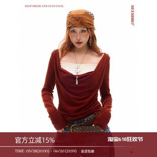 上衣女 饰假两件带胸垫荡领针织衫 BeerBro高弹柔软针织 串珠装